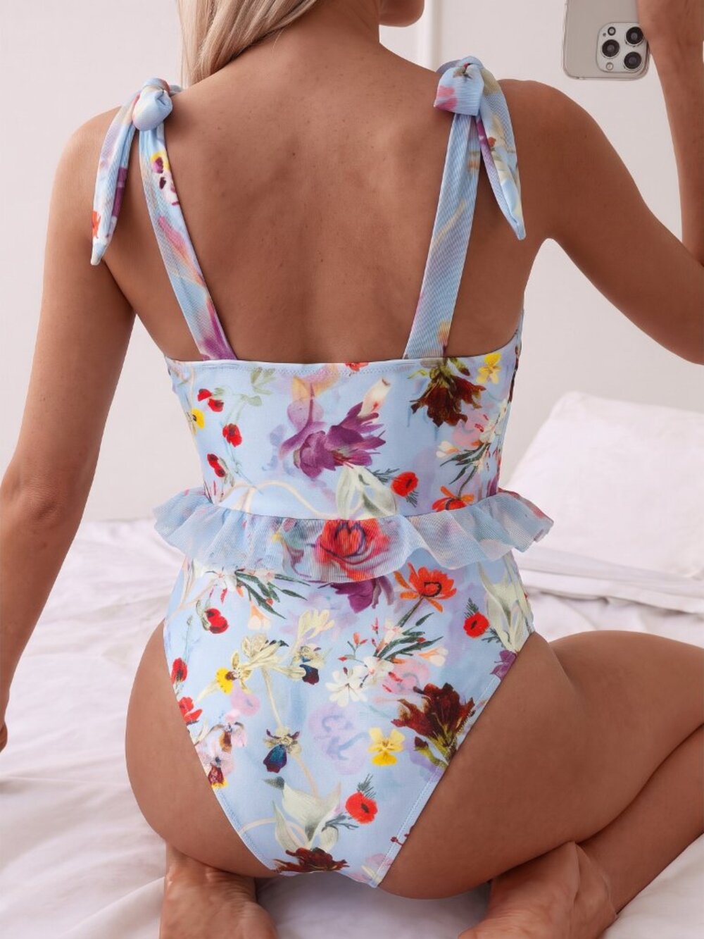 NWT PatBO Blue Lily Flower Plunge Swimsuit Sz S/P One Piece Tie Strap - Picture 2 of 3